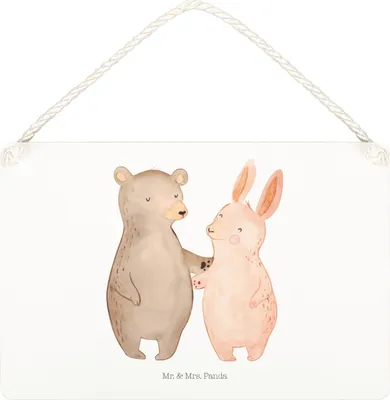 Produktbild von Mr. & Mrs. Panda Schild Bär und Hase Umarmen DIN A4 - Weiß - Geschenk, BFF, Wandbild Holz, Freundin, Türschild, Holzschild, für Immer, Freunde, kleine aufmerksamkeit