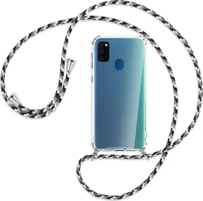 Produktbild von Handykette Backcover-Schutzhülle mit Band (Metall silberfarben) für Samsung Galaxy M30s - schwarz/grau/weiß