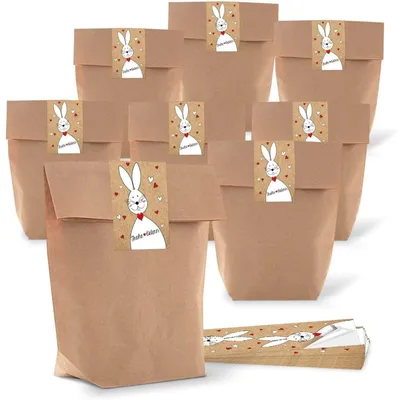 Produktbild von 25 kleine Papiertüte braun rot weiß HERZ Frohe Ostern Verpackung 16,5 x 26 x 6,5 cm MIT AUFKLEBER Papierbeutel Ostertüte Osterhase Osterverpackung Ostergeschenk OsternestOsterhase mit Herzen / 5 Stück