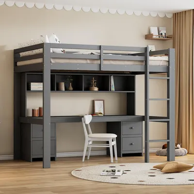 Produktbild von MODFU Hochbett 90x200cm mit Tisch, Schubladen und Fächer, Hohes Geländer, Grau(ohne Matratze)