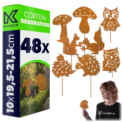 Produktbild von KADAX Gartenstecker aus Cortenstahl, 48er Set, Rostfiguren mit Eulen, Igeln, Eichhörnchen und Pilzen, rostige Gartenfiguren, wetterfeste Metalldeko für Garten