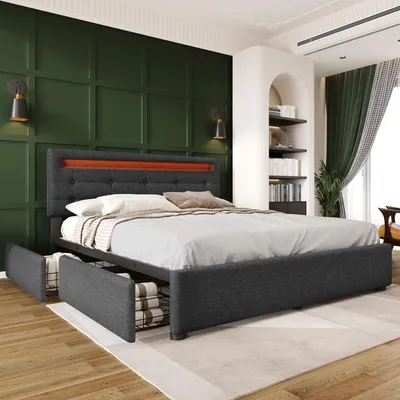 Produktbild von Zerbaco Polsterbett Doppelbett 140x200 cm mit 4 Schubladen, höhenverstellbarem Kopfteil, LED-Beleuchtung, Grau, ohne Matratze