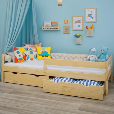 Produktbild von MEBLE WRÓBEL Kinderbett 90x200 cm mit 2 Schublade, Rausfallschutz und Lattenrost - Kinder Bett Montessori - Jugendbet aus Kiefer Massivholz Unlackiert - Einzelbett ohne Matratze