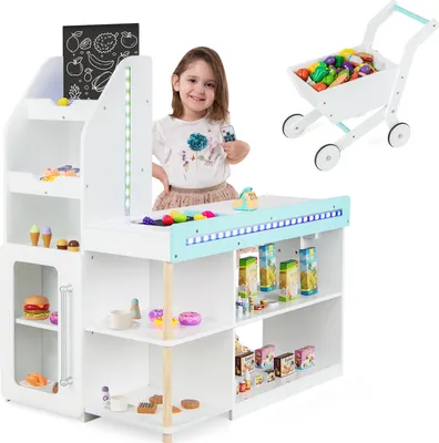 Produktbild von GOPLUS Kaufladen mit Einkaufswagen, Supermarkt aus Holz, Kaufmannsladen mit Tafel & Registrierkasse & 39 Zubehör, inkl. LED-Lichter & Fernbedienung, Rollenspiele für Kinder ab 3 Jahren
