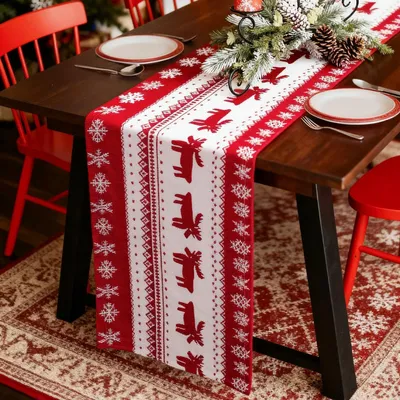 Obrázek produktu pro Vánoční běhoun na stůl, červený, 33x180 cm, směs lnu, s motivem sobů a sněhových vloček