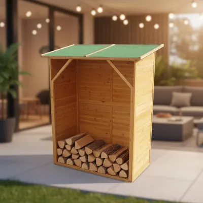 A wooden firewood storage shed with a green roof, filled with logs, is placed on a patio next to a grassy area. In the background, there is an outdoor living space with furniture and string lights.