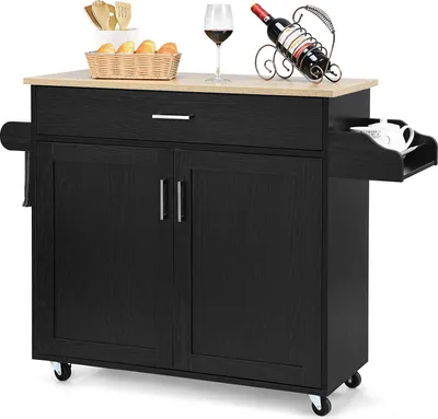 Obrázek produktu pro Kuchyňský vozík s pracovní deskou, kuchyňský ostrůvek, kuchyňská skříňka s držákem na ručníky a kořenky, velká zásuvka a nastavitelná police, dřevěný servírovací vozík na kolečkách (černý)