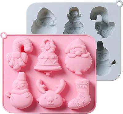 Produktbild von 2er-Pack Weihnachts-Silikon-Backformen, Antihaft-Kuchenformen mit 6 Vertiefungen, Weihnachtssocke, Weihnachtsmann, Form für Süßigkeiten, Pudding, Eiswürfel, hausgemachte Seife, Kuchendekoration