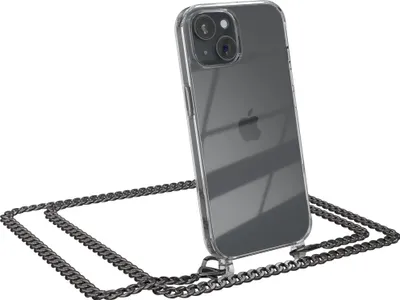 Produktbild von EAZY CASE Metall Handykette für Apple iPhone 15, Handyhülle mit Umhängeband, Silikonhülle, Metallkette für Smartphone in Grau