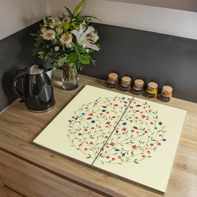 Produktbild von banjado Herdabdeckplatte zweiteilig je 30x52cm groß mit Gummi Abstandshalter, ESG Sicherheitsglas mit Motiv Blumenreigen [HAP2 10755]