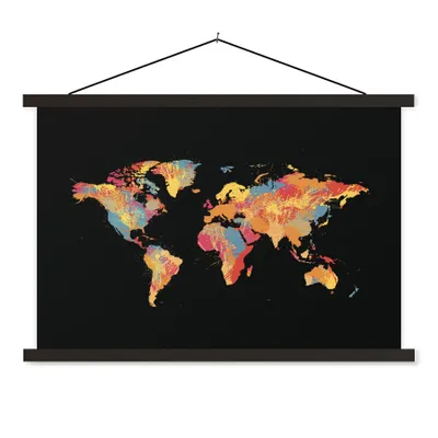 Produktbild von MuchoWow® Textilposter Weltkarte - Spritzer - Farben 150x100 cm mit schwarzem Rahmen - Schlafzimmer