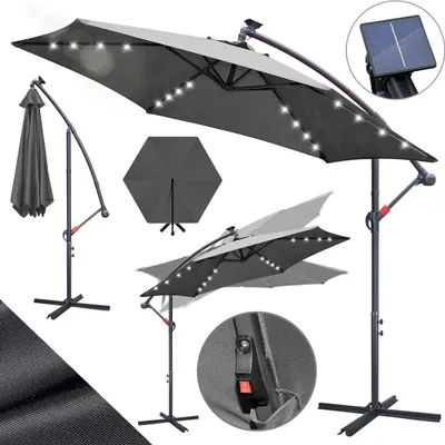 Produktbild von Faziango Sonnenschirm 3,5m Grau mit LED Beleuchtung, Gartenschirm mit Kurbel, UV 50+ Sonnenschutz, kippbar & windstabil, inkl. Kreuzfuß