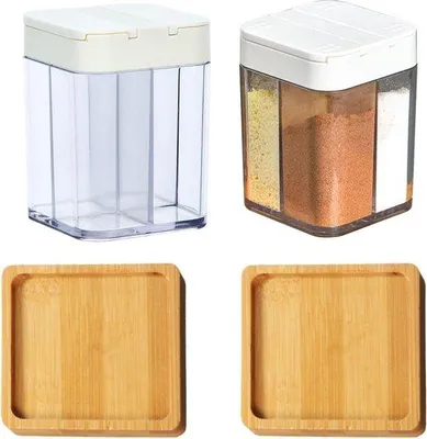 Produktbild von Unyqoos® Gewürzstreuer 4‑in‑1 – 4er‑Set quadratische Gewürzbehälter, transparent/weiß, Kunststoff, luftdichte Scharnierdeckel, für Küche, Camping, Grill & Reisen