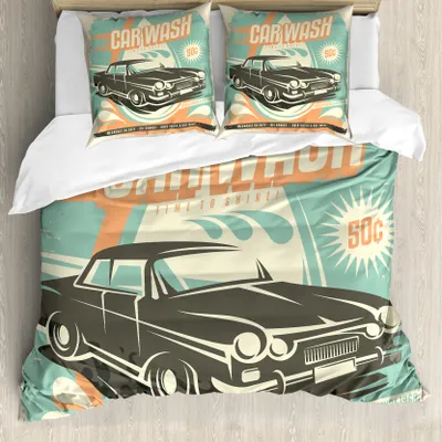 Produktbild von ABAKUHAUS Autos Bettbezug, Retro Car Wash-Plakat, Milbensicher Allergiker geeignet mit Kissenbezügen, 200 cm x 200 cm - 80 x 80 cm, Blasses Orange Türkis