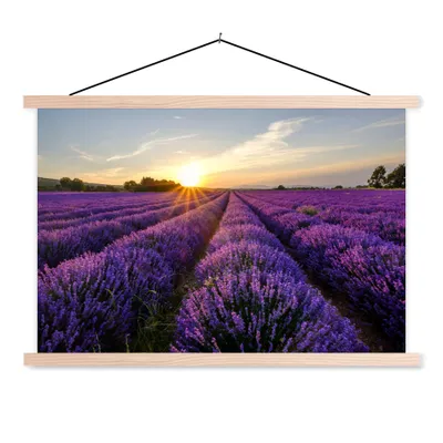 Produktbild von MuchoWow® Textilposter Lavendel - Blumen - Sonnenuntergang - Lila 120x80 cm mit holzfarbenen Rahmen - Aufhängeset