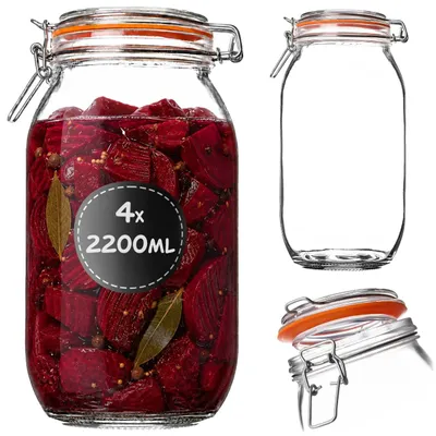Imagen del producto de KADAX, juego de 4 tarros de vidrio de 2,2 litros con cierre hermético, tarros con junta de goma y tapa, ideales para encurtidos, almacenamiento de alimentos y fermentación