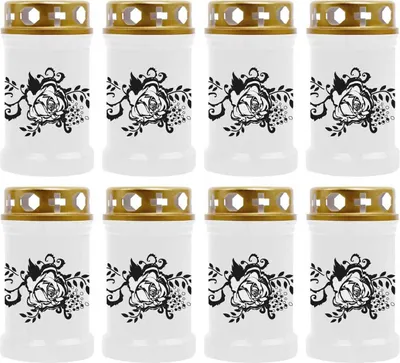Produktbild von Grabkerze Weiß 8er Pack, Brenndauer: 40 Stunden ( je Kerze ), Motiv: Rose Ranke