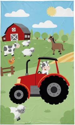 A cartoon illustration of a farm scene with animals and a tractor.