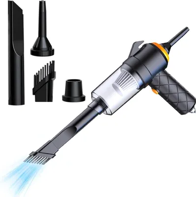 A handheld vacuum cleaner with multiple attachments, displayed on a white background.