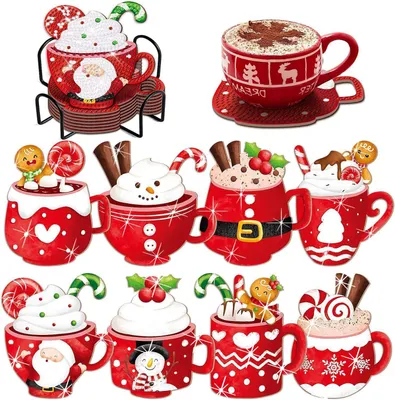 Image de Sous-verres à peinture diamant - Coffret de 8 pièces - Thème Noël - Kit de loisirs créatifs pour enfants et adultes - Bricolage - Cadeau de Noël - Décoration de Noël