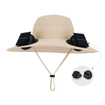 Produktbild von Sonnenhut mit Ventilator(Beige),Fischerhut mit Breiter Krempe,Solar Fan Hut, USB Charging,Outdoor Solar Sonnenenergie Hut Kappe,UV Sonnenschutz