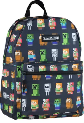 A close-up view of a backpack with a Minecraft pattern.
