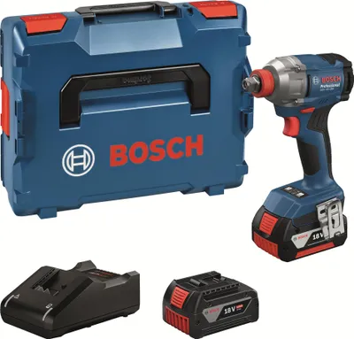 A Bosch cordless impact wrench kit with a case, battery, and charger.