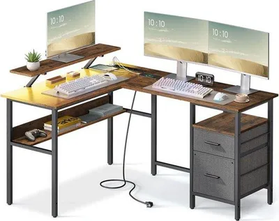Produktbild von L-vormig Computerbüro mit LED-Beleuchtung - Vintage-Braun - Einfache Montage - USB-Anschlüsse - Hauseingangsbüro