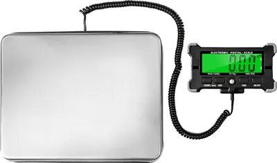 Imagen del producto de Balanza electrónica de precisión para correo, con capacidad de 264 libras (aproximadamente 120 kg). Balanza digital integrada en acero inoxidable, con pantalla LCD retroiluminada. Incluye funciones de apagado automático, retención de datos, tara y conteo