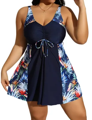 Imagen del producto de Conjunto de tankini para tallas grandes, con escote en V y tirantes ajustables