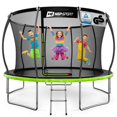 Produktbild von Hop-Sport Trampolin Outdoor - Ø 366 - Trampolin mit innenliegenden Sicherheitsnetz, gebogenen Netzstangen und Sicherheitszertifikaten - Komplettset