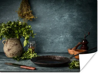 Produktbild von MuchoWow® Poster Kräuter - Gewürze - Pfanne - Messer - Grau - Rustikal 160x120 cm - Foto Plakat