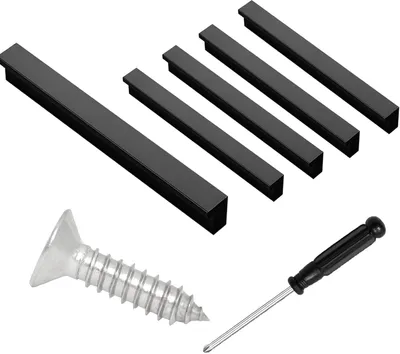 A set of black cabinet handles, screws, and a screwdriver arranged on a white background.