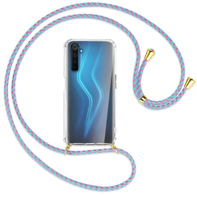Produktbild von Handykette Backcover-Schutzhülle mit Band (Metall goldfarben) für Realme 6 Pro - pink/mint