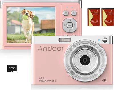 Produktbild von Andoer Kompakte 4K-Digitalkamera, Video-Camcorder, 50 MP, 2,88 Zoll, IPS-Bildschirm, Autofokus, 16-facher Zoom, Anti-Shake-Gesichtserkennung, Smile Capture, integrierter Blitz mit 2 Batterien, Tragetasche, Handschlaufe fuer Kinder und Jugendliche