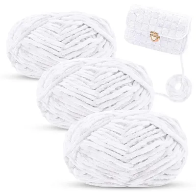 Immagine prodotto di Filato di chenille per uncinetto e maglia, filato vellutato, 3 gomitoli da 100g, colore bianco, spessore 6 mm
