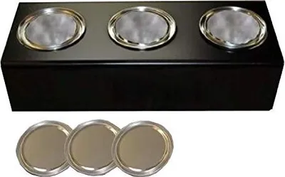 A black metal stand with three circular openings on top, and three circular metal lids or filters are placed below it.