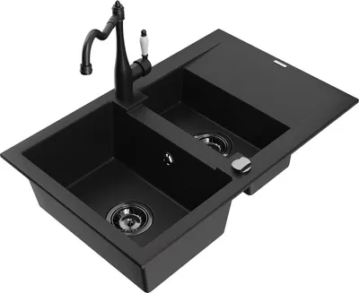 Produktbild von Mexen Gaspar 1,5-Becken-Granitspüle mit Abtropffläche und Mischbatterie Carla, Schwarz - 6507-77-670700-70-B