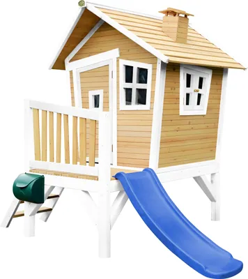 Produktbild von AXI Spielhaus Robin mit blauer Rutsche | Stelzenhaus in Braun & Weiß aus Holz für Kinder | Spielturm für den Garten