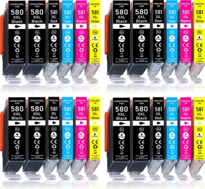 A collage of four rows of printer ink cartridges, with each row containing multiple cartridges of different colors.