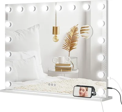 Image de HOMCOM Miroir Maquillage Hollywood lumineux LED intensité réglable avec miroir grossissant miroir coiffeuse port de charge USB, support de téléphone - 80 x 62 cm