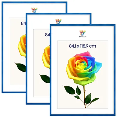 Obrázek produktu pro MG Design, sada 3 kusů rámečků na obrázky, modrá barva, formát A0 (84,1 x 118,9 cm) - rámy na plakáty z masivního dřeva s akrylovým sklem, zesílené upevnění na zeď, možnost vertikálního i horizontálního zavěšení