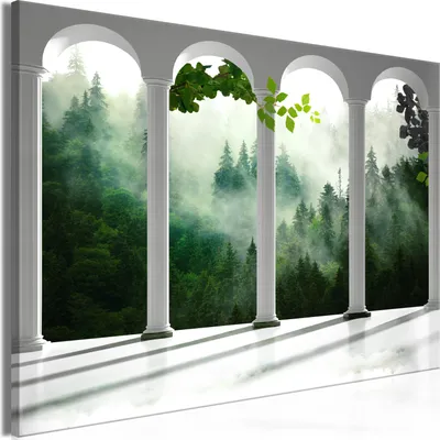 Produktbild von Modernes Wandbild Fensterblick 90x60 - 1 Teile Bilder Fotografie auf Vlies Leinwand Foto Bild Dekoration Wand Bilder Kunstdruck Wald Landschaft Nebel c-C-0395-b-a