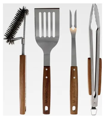 Produktbild von 4-teiliges Grillbesteck-Set aus Edelstahl mit Holzgriffen und Aufhänge-Ösen
