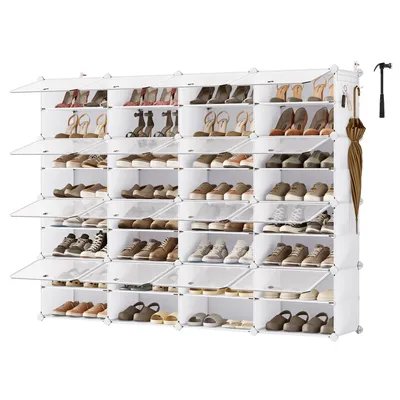 Produktbild von Schuhregal, Schuhschrank mit 16 Fächern, für Garderobe, Eingangsbereich, für bis zu 64 Paar Schuhe, weiß-transparent