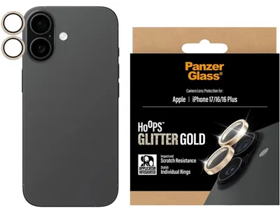 Image de Verre trempé pour iPhone 17 / 16 Plus / 16, PanzerGlass Hoops Glitter Gold Camera Lens Protector, transparent et or