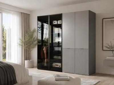 Produktbild von MOEBLO Drehtürenschrank Minewra Antisol + Nova 200 cm, Falttürenschrank 4-türig, Schrank mit Einlegeböden und Kleiderstange, Schlafzimmer - Grau