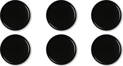 Six black dinner plates are arranged in two rows of three on a white background.