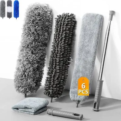 Productafbeelding van Unyqoos® Microvezel-telescoopstofdoekset, wasbaar – inclusief telescoopstang en flexibele hoekveger, grijs, 6-delig