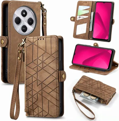 Image de Étui de protection en similicuir avec fermeture à glissière et dragonne pour Xiaomi Redmi 14C 4G, couleur marron